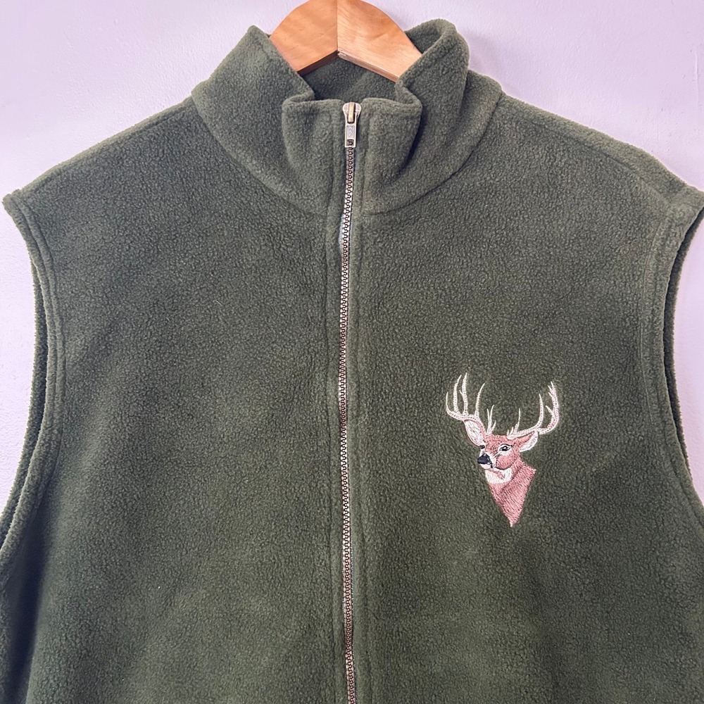 Cityscape Fleece Vest Mens XL‎ Green Embroidered Deer Head Full Zip Canada VTG